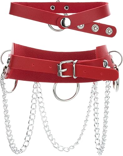 Vista 2 de Beautyflier - Gargantilla de piel sintética para mujer 2 piezas ajustable estilo gótico vintage gótico punk rock remache rojo
