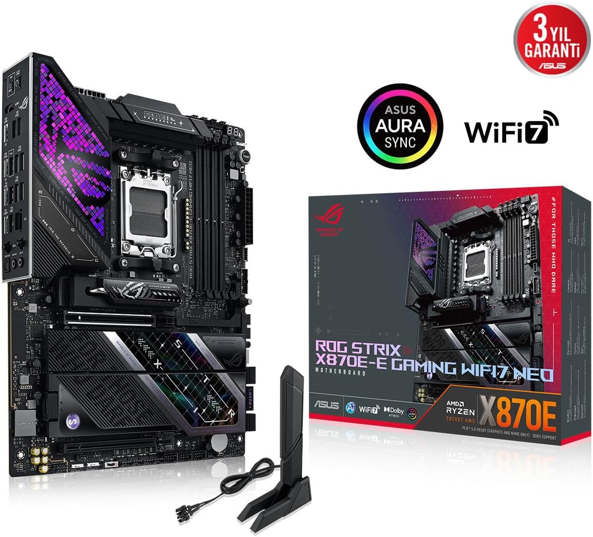 ASUS ROG STRIX X870E-E GAMING NEO AMD X870 AM5 DDR5 9000 HDMI 2xUSB4 5x M2 USB3.2 WiFi 7 + BT AURA RGB 5Gbit LAN ATX 18+2+2 Güç Aşamaları, Çift USB4, AIO Q-CONNECTOR
