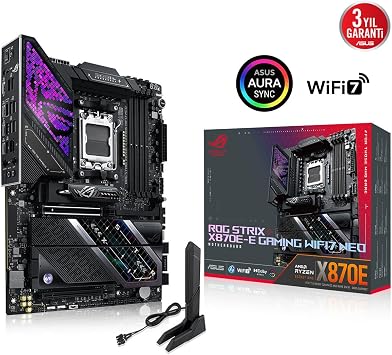 ASUS ROG STRIX X870E-E GAMING NEO AMD X870 AM5 DDR5 9000 HDMI 2xUSB4 5x M2 USB3.2 WiFi 7 + BT AURA RGB 5Gbit LAN ATX 18+2+2 Güç Aşamaları, Çift USB4, AIO Q-CONNECTOR