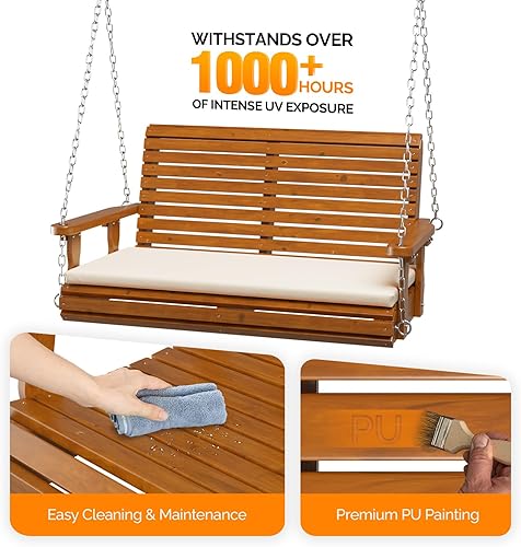 Miniatura 3 de VINGLI Columpio de porche para exteriores de 4 pies, columpios de madera resistentes para patio de 880 libras con cojines, banco colgante estilo