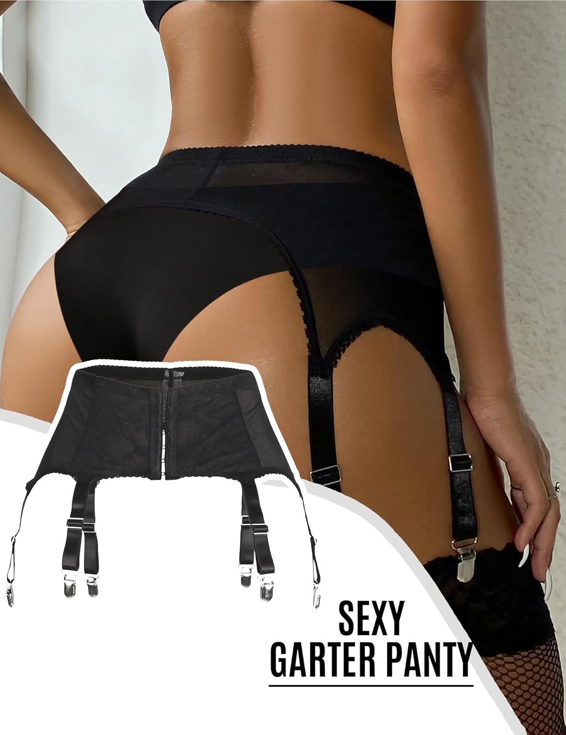 ohyeah High-Waisted Garter Belt Plus Size- Lace Mesh Suspenders Belt with 6 Metal Clip for Thigh Highs Garter Stockings - Image 3