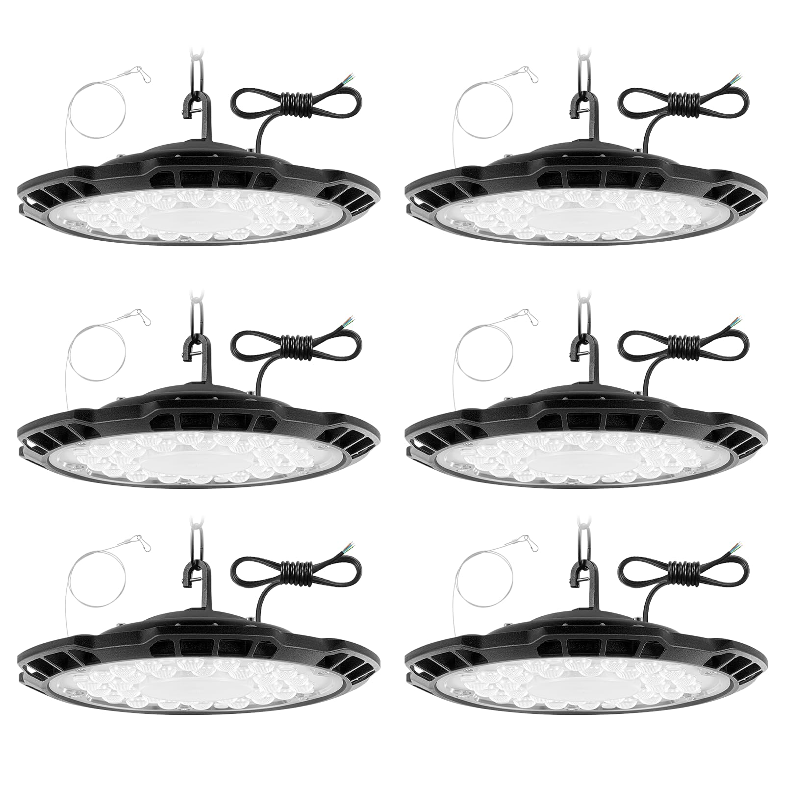 6PCS 150W UFO LED High Bay Light, 15000lm 6500K Workshop Lighting, Cool White LED Work Lights, IP65 Waterproof Commercial Industrial Lamp for Factories Garage Warehouse with 75cm Cable, 50CM Chain