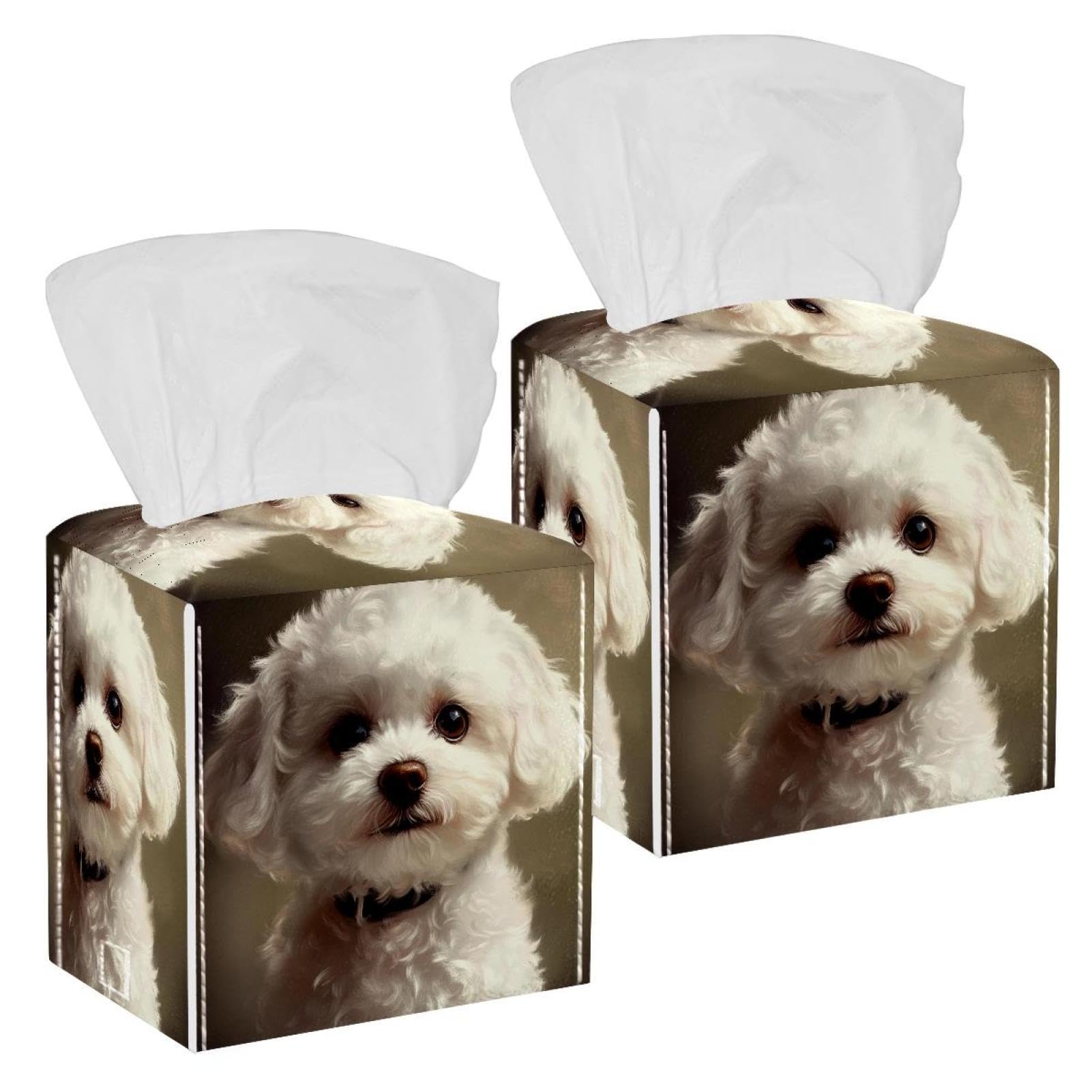 Cute Bichon Frise Tissue Box Cover, 2 Pack PU Leather Square Facial Tissue Dispenser Box holder for Home Office Car