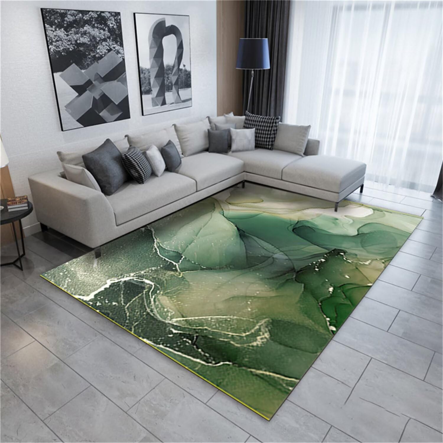 Moquette salon lavable vert 120x170cm au motif d'encre abstrait poil ras