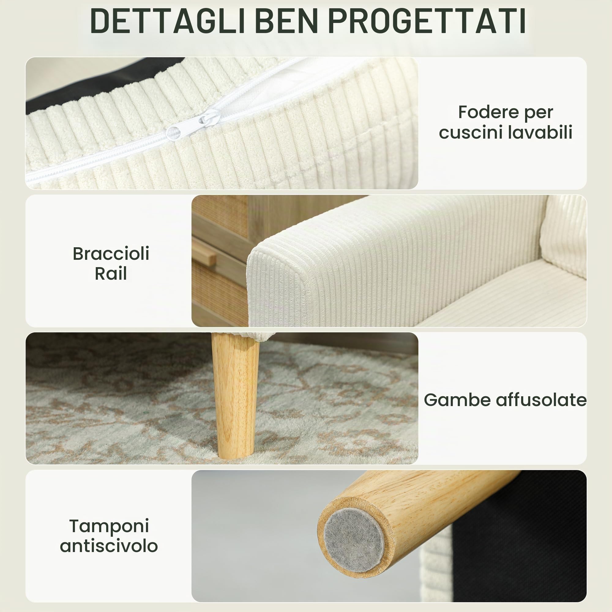 HOMCOM Divano a 3 posti con poggiapiedi in velluto a coste 192 cm, design moderno, sgabello portaoggetti, cuscini a molle, seduta e schienale imbottiti, per soggiorno, camera da letto, ufficio, beige