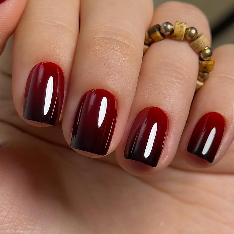 Press on Nails Short Square Acrylic Fake Nails with Apricot Design Full Cover False Nails Glossy Nude Glue on Nails Artificial Stick on Nails for Women (ombre)
