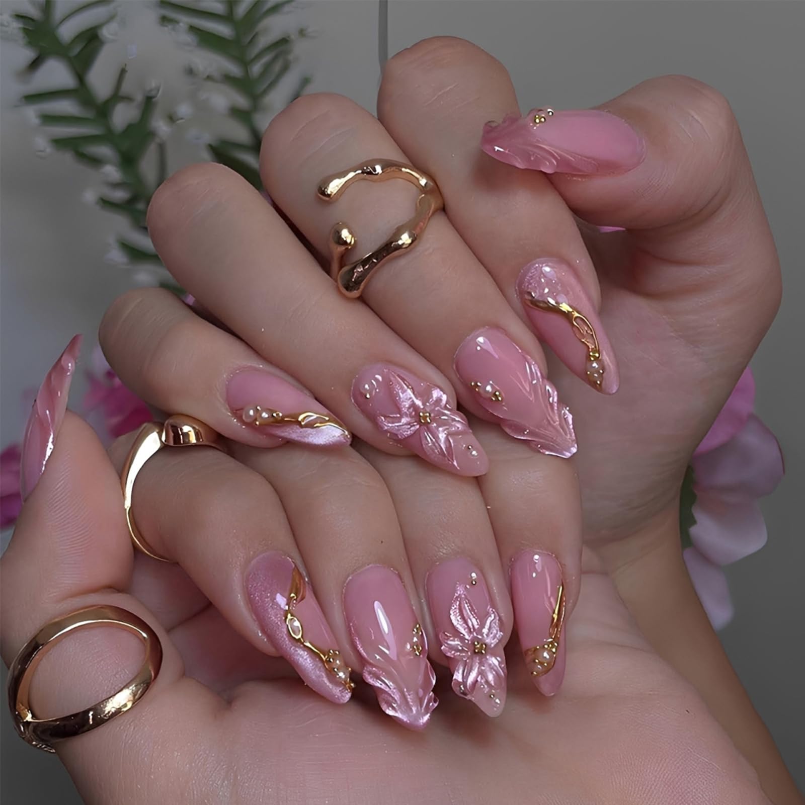 24 Pcs Press On Nails, Almond French Bow Glitter Artificial Nails (pink-2) | Quick Beauty Fix for Busy Women-image-4