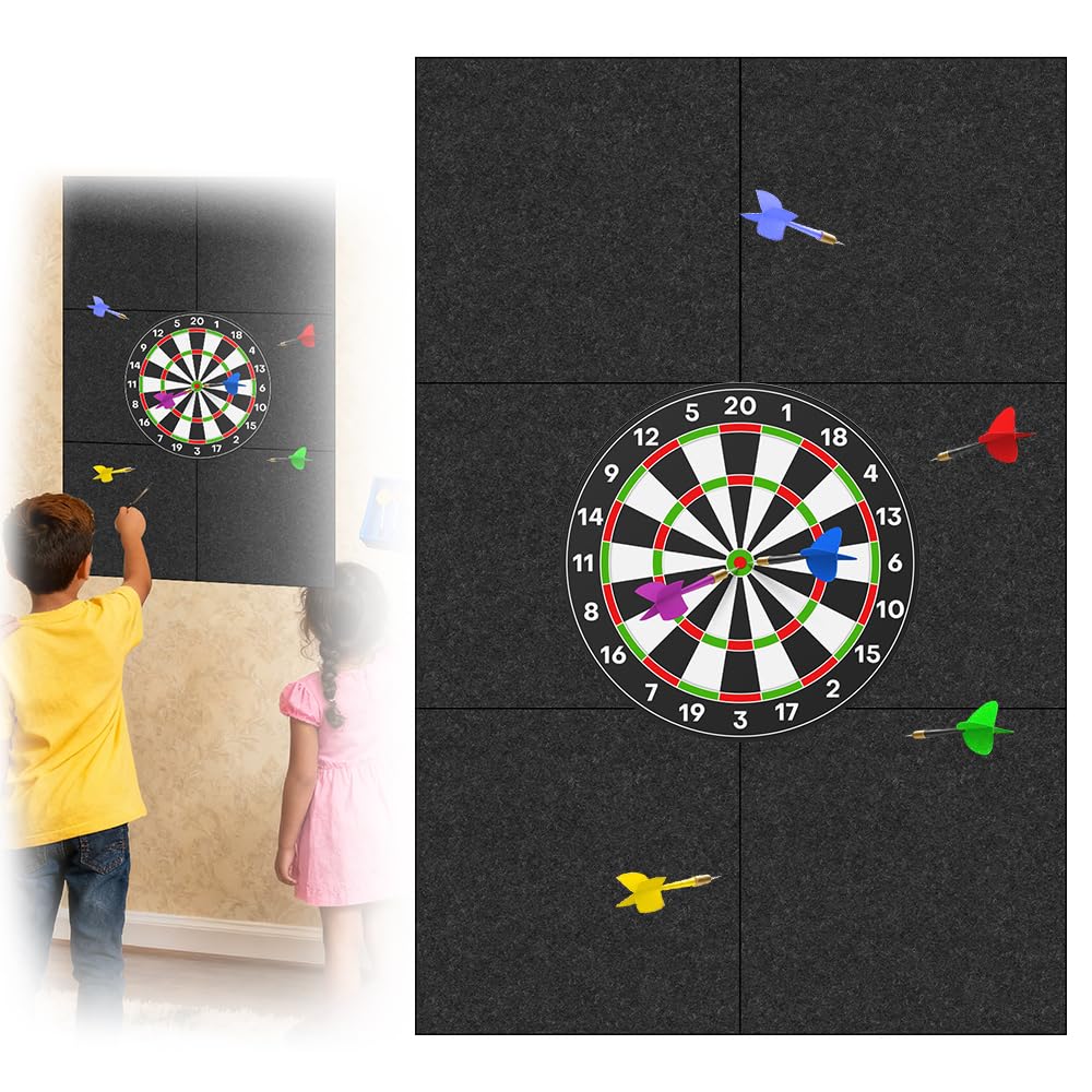 Dart Wandschutz 90x60 cm, Selbstklebend Filz Dartboard-Wandschutz mit Gespleißter Wandumrandung, 6 Stück Filz-Wandfliesen für Dartscheibe Hintergrund Schutz, für Dart Zubehör und Kork Rückseite