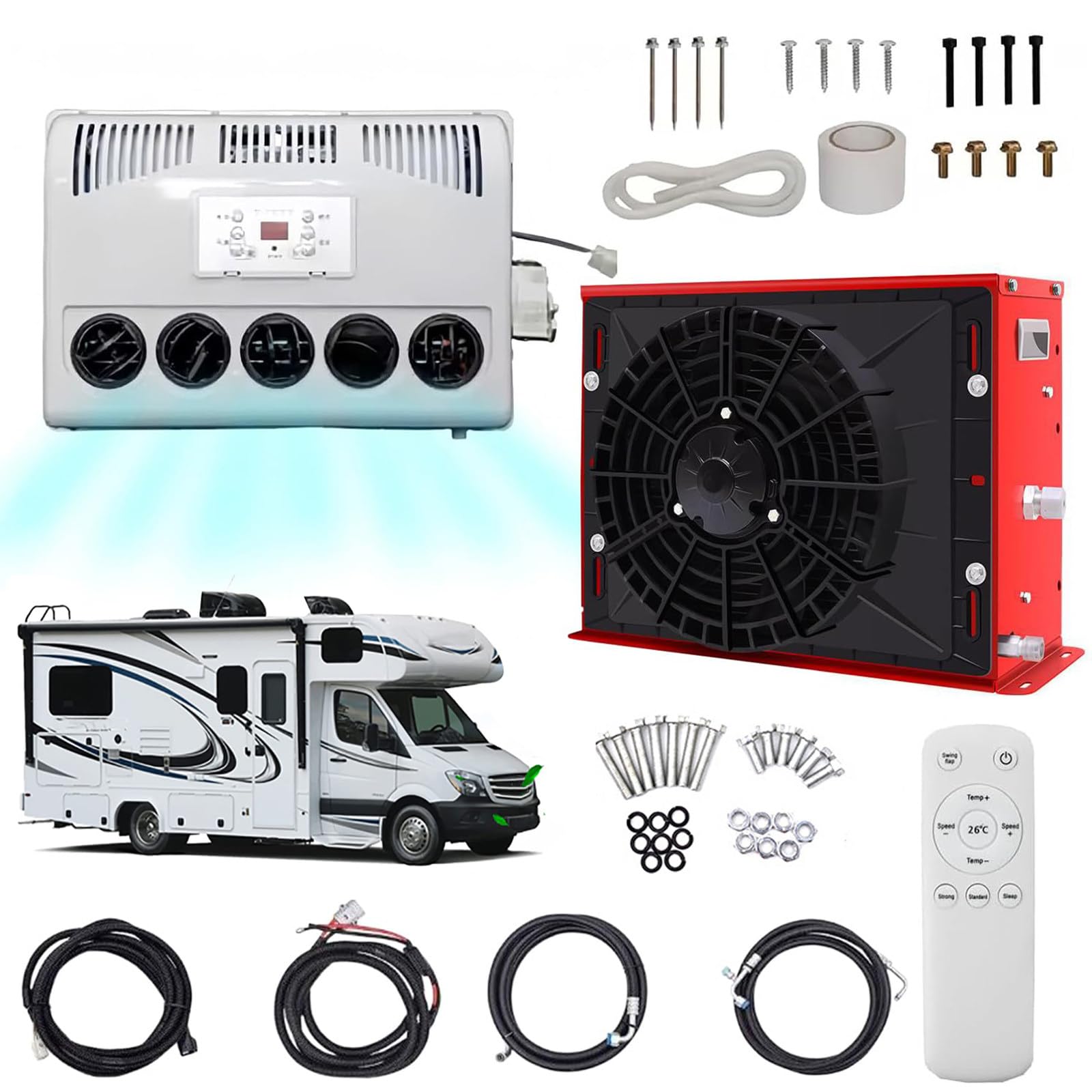 TIANQIHAO Rv Air Conditioner Kit, 850W Split Parking Ac, Silent Fast Cooling, For Trucks Buses Rvs Caravans Excavators,Red-12V
