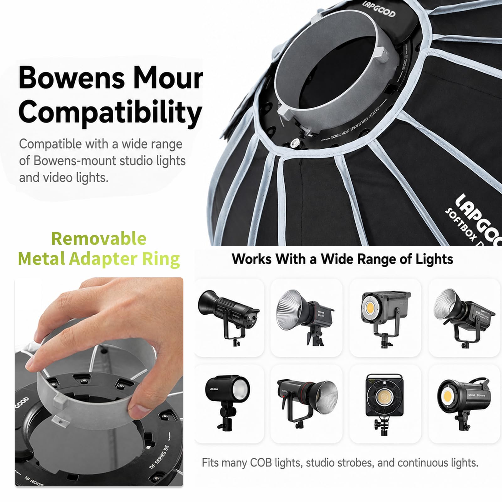 Softbox Bowens Mount, FD60 - Softbox redondo (60 cm, cierre rápido, apertura profunda, rejilla de abeja, bolsa de transporte, para flash de estudio, luz de vídeo, fotografía y vídeo)
