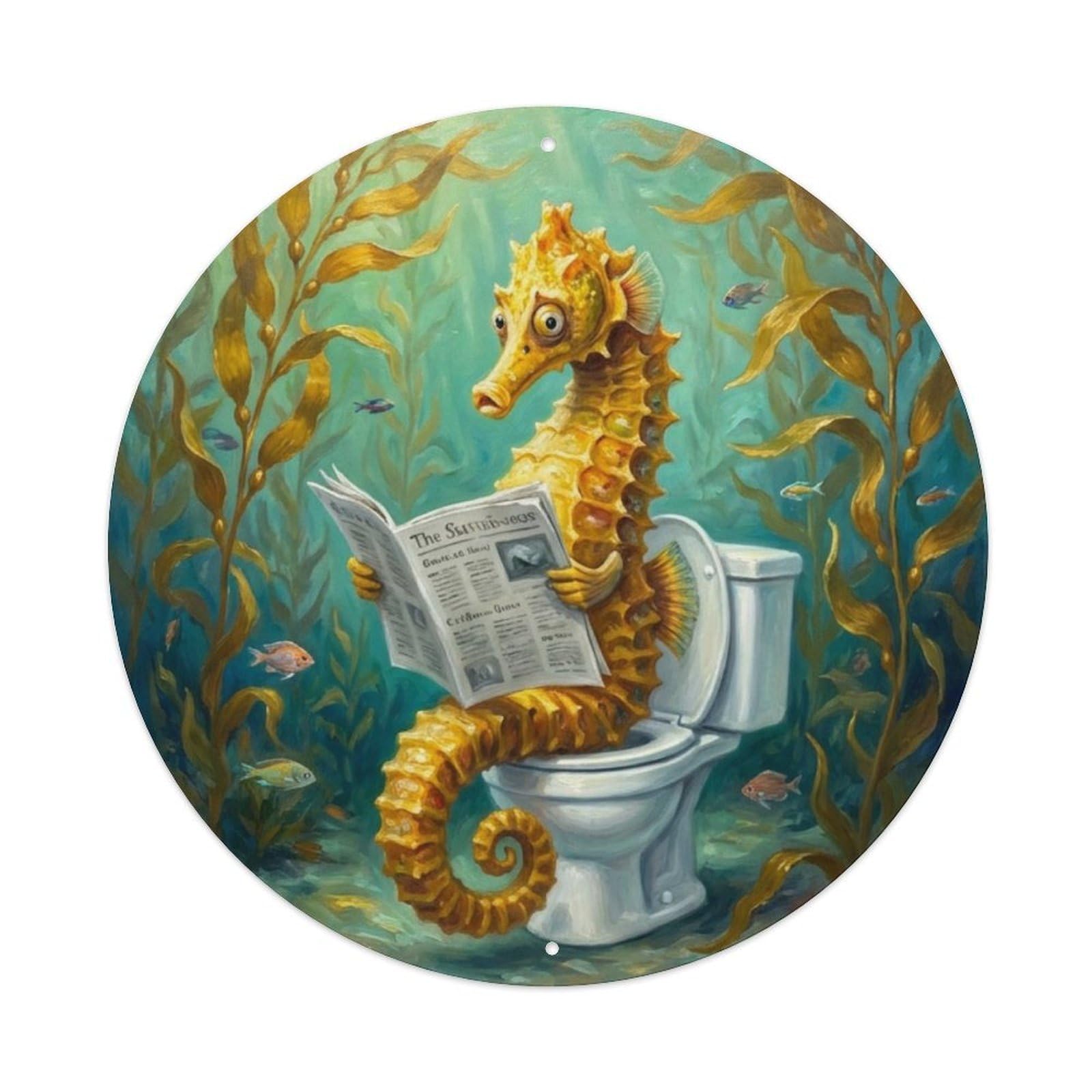 Seahorse On Toilet Humorous Bathroom Kelp Forest Glow Metal Tin Sign