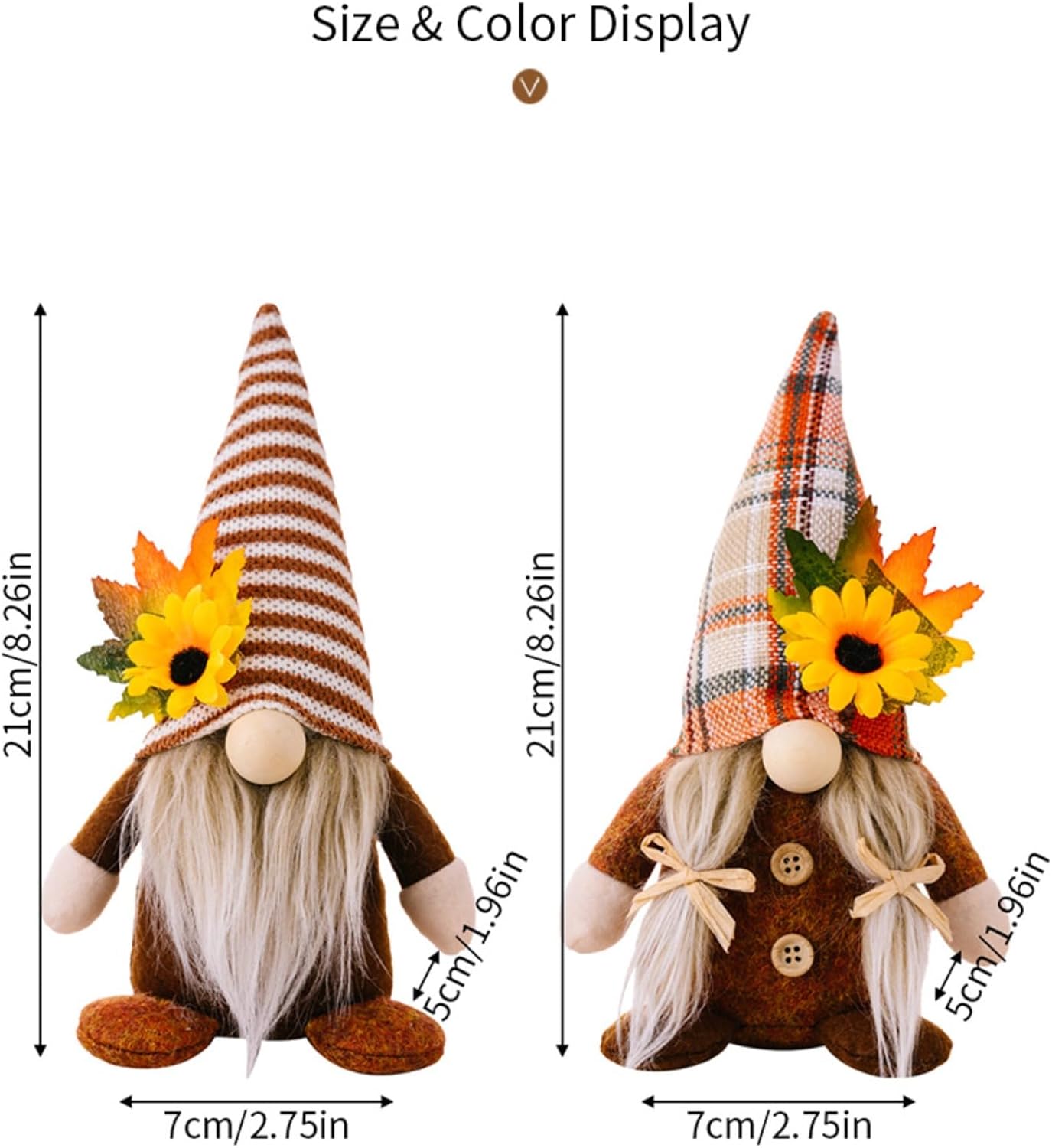 2-Pack Fall Gnomes Decor – 8.26" Thanksgiving Harvest Plaid Gnomes with Maple Leaf & Sunflower, Themed Figurines for Autumn Tabletop,Tray Decor (Maple Leaf & Sunflower Gnomes A) - Image 7