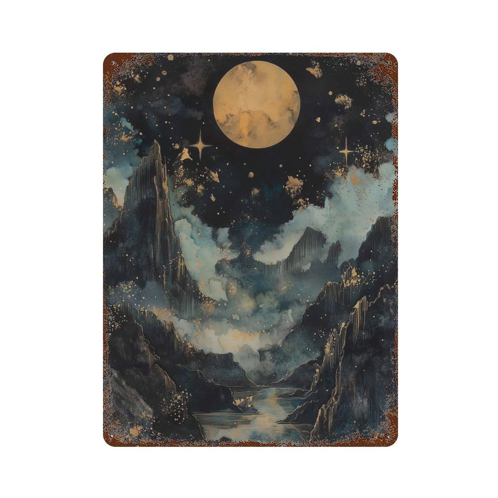xiaoxiaoshen Golden Moon Nightscape Mystical Mountain Celestial Landscape Wall Decor Art Metal Tin Poster Modern Home Decor Art Home Bar Shop Decorations Vintage Sign 40x30cm