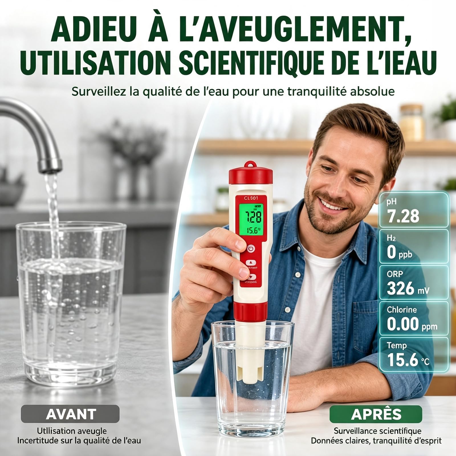 Testeur de pH et de chlore de piscine, testeur de pH numérique 5 en 1, pH chlore ORP H2 mesurable, testeur d'eau pour piscines, hydroponiques, aquariums, eau potable
