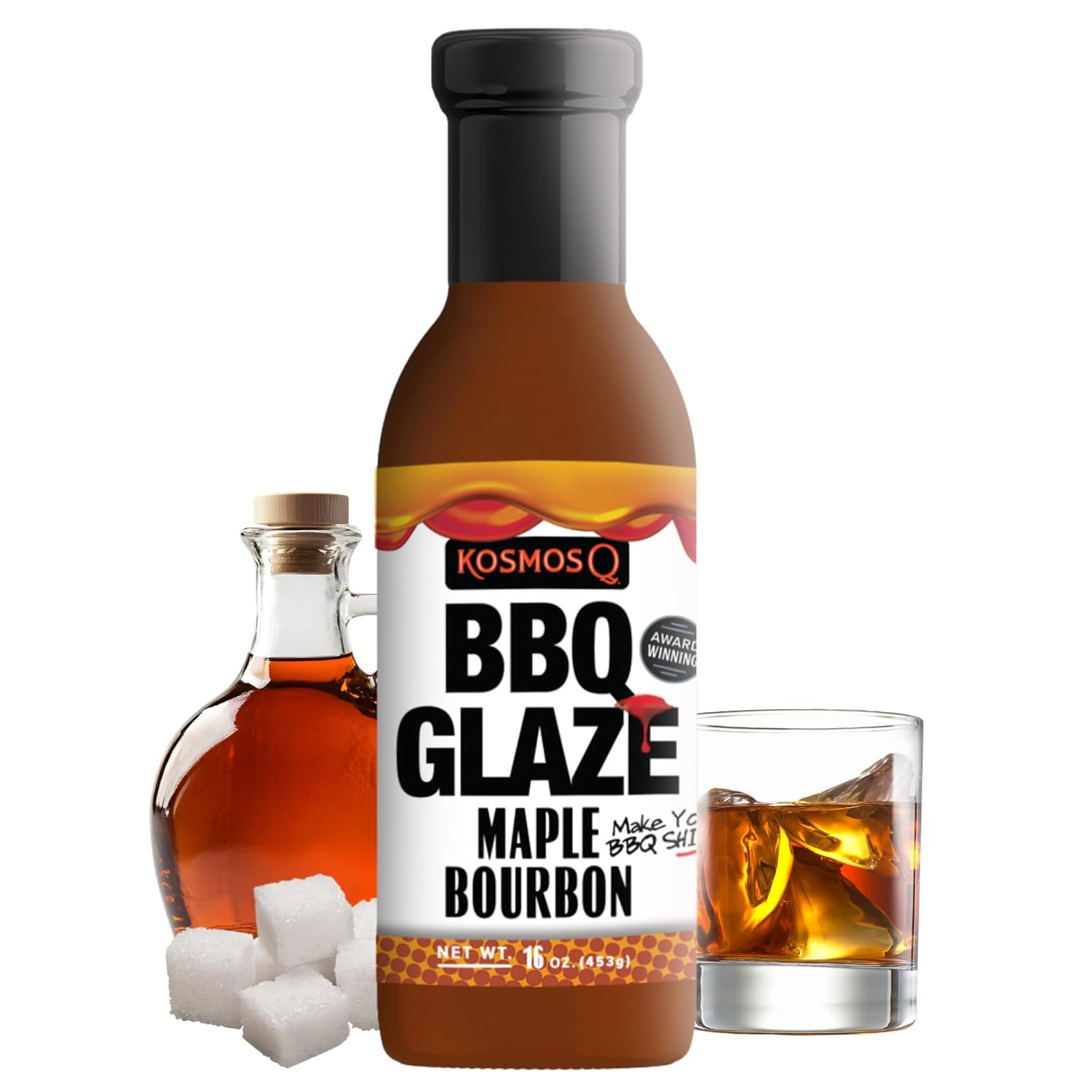 Kosmos Q Maple Bourbon BBQ Glaze, Sweet & Sticky BBQ Sauce for Ribs, Chicken, Pork, or Brisket, Competition-Ready Barbecue Glaze with Real Maple Syrup & Kentucky Bourbon, American Made, 15.5 Oz Bottle
