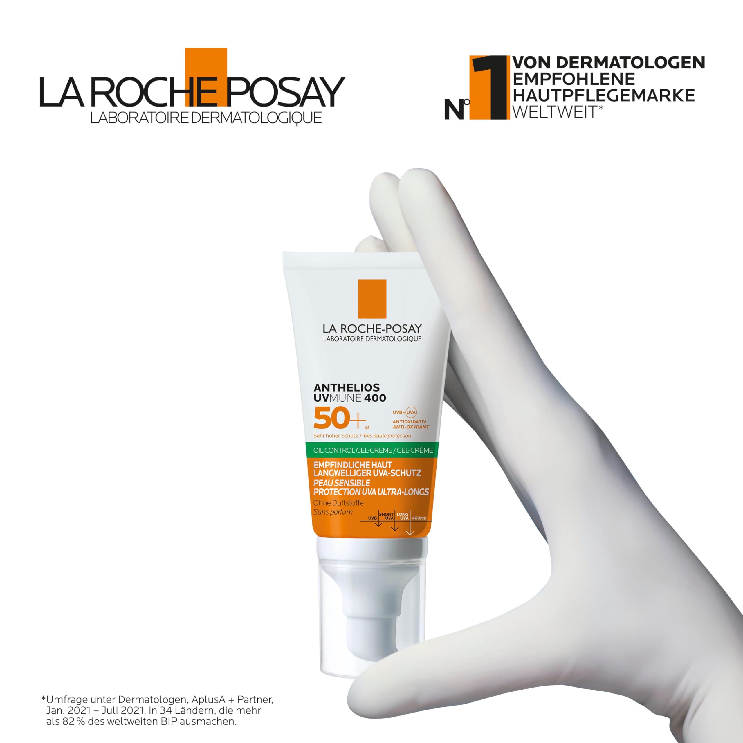 La Roche Posay Anthelios UV Mune 400 Oil Control Fluid, mattierende Gel-Creme mit LSF 50+ für ölige Haut, Mildert Hautglänzen, Mit mattierenden Mikropartikeln und Mexoryl 400, 50 ml