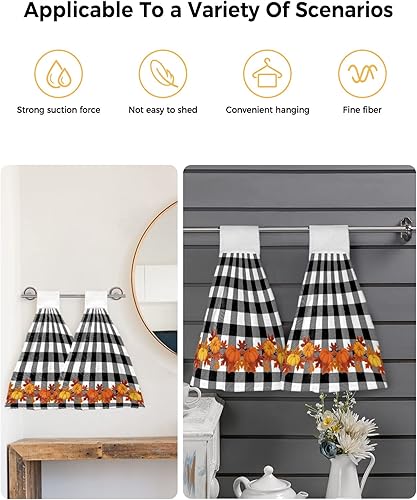 Miniatura 4 de Juego de toallas de cocina colgantes de otoño con diseño de calabaza de arce y búfalo de Acción de Gracias, suaves, absorbentes, con gancho y bucle,