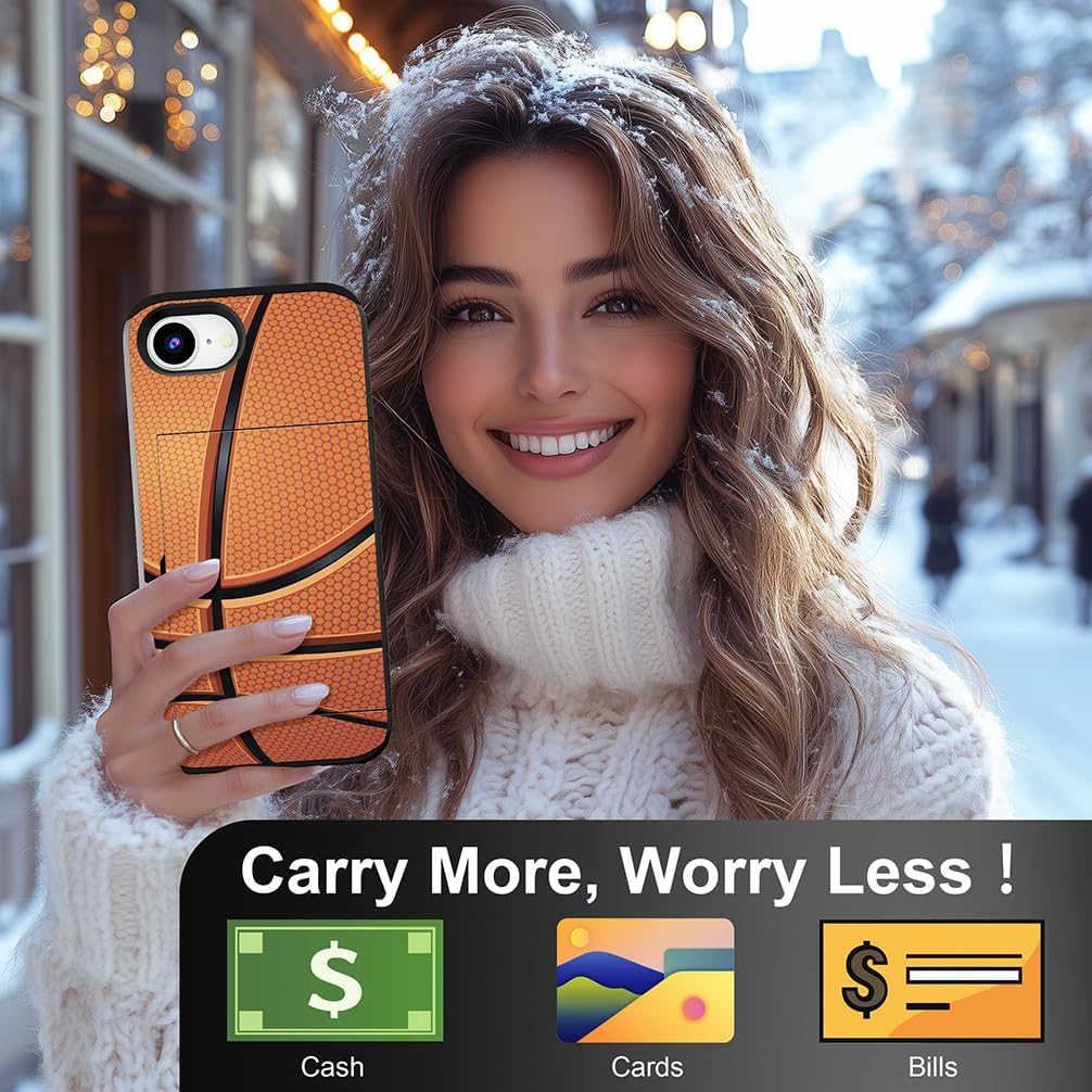 Compatible for iPhone 16e Case with Card Holder Cute - Kawaii Design Military-Grade Drop Protection Rugged Wallet Cases for Women (Black Basketball Sports)