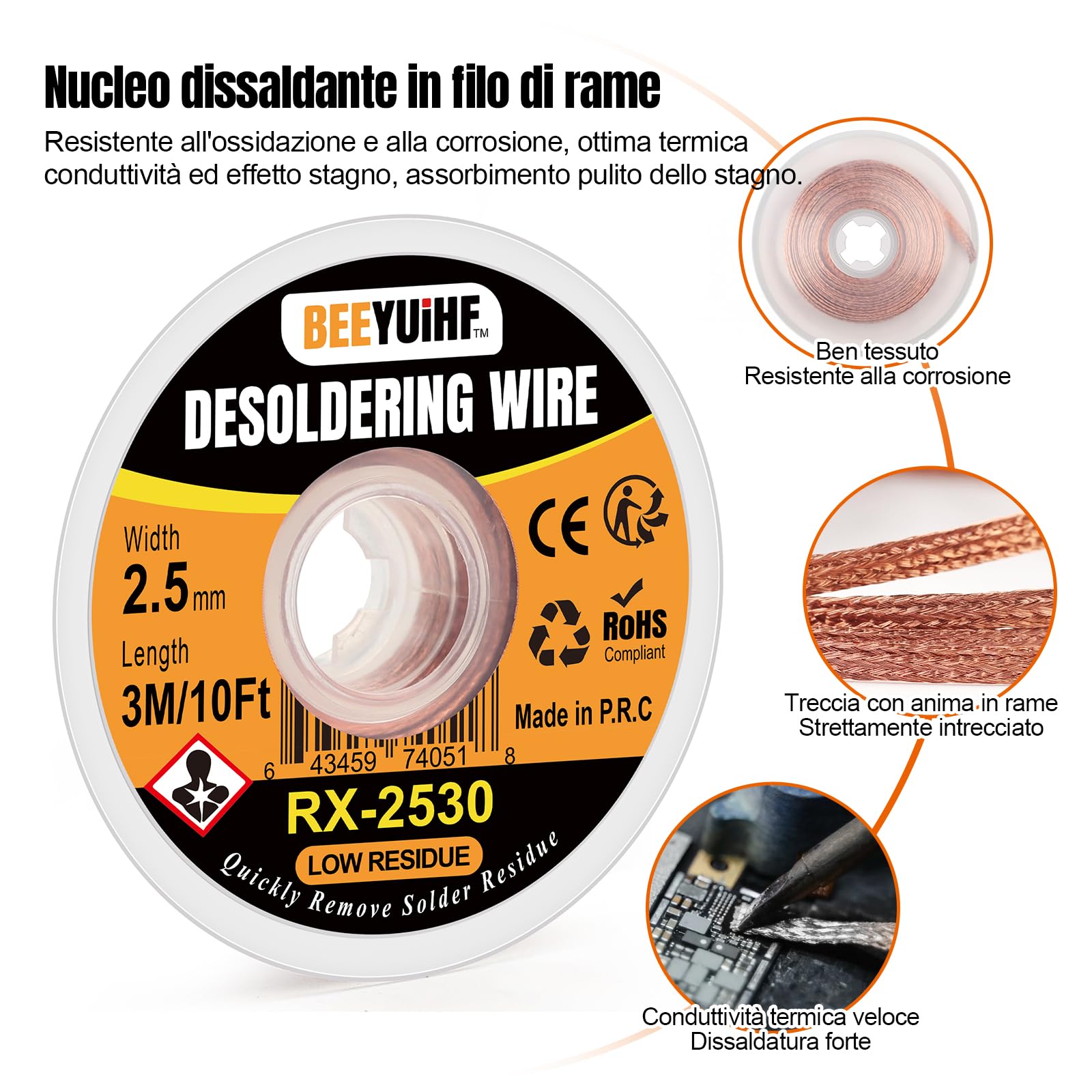 Treccia Dissaldatura 2.5mm - Stoppino Per Rimuovere Saldatura, 3 Metri, Per PCB Elettronica