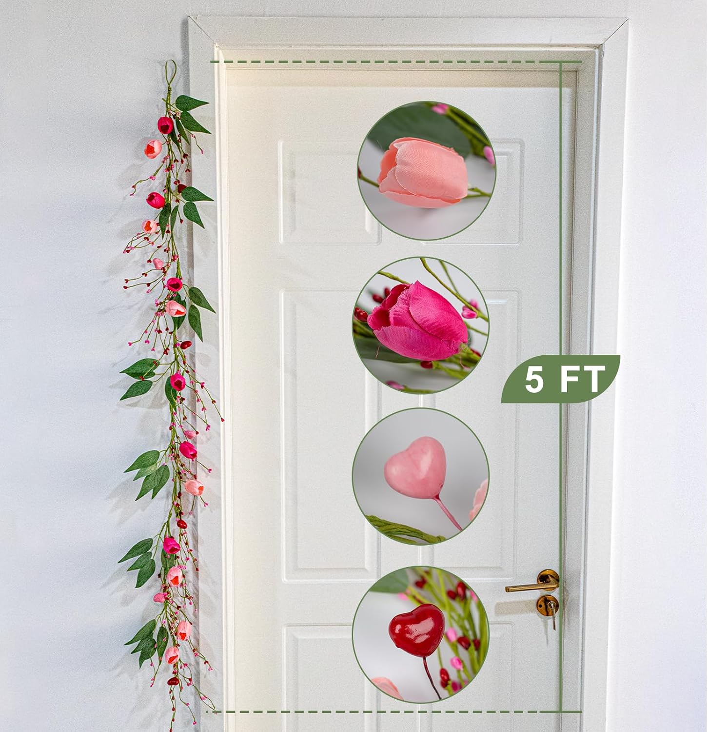Yawwind 5 FT Artificial Valentine Garland Romantic Valentines Day Garlands Farmhouse Valentines Day Floral Garlands with Tulip Heart Berries for Mantle Table Stairs Indoor Outside Holiday