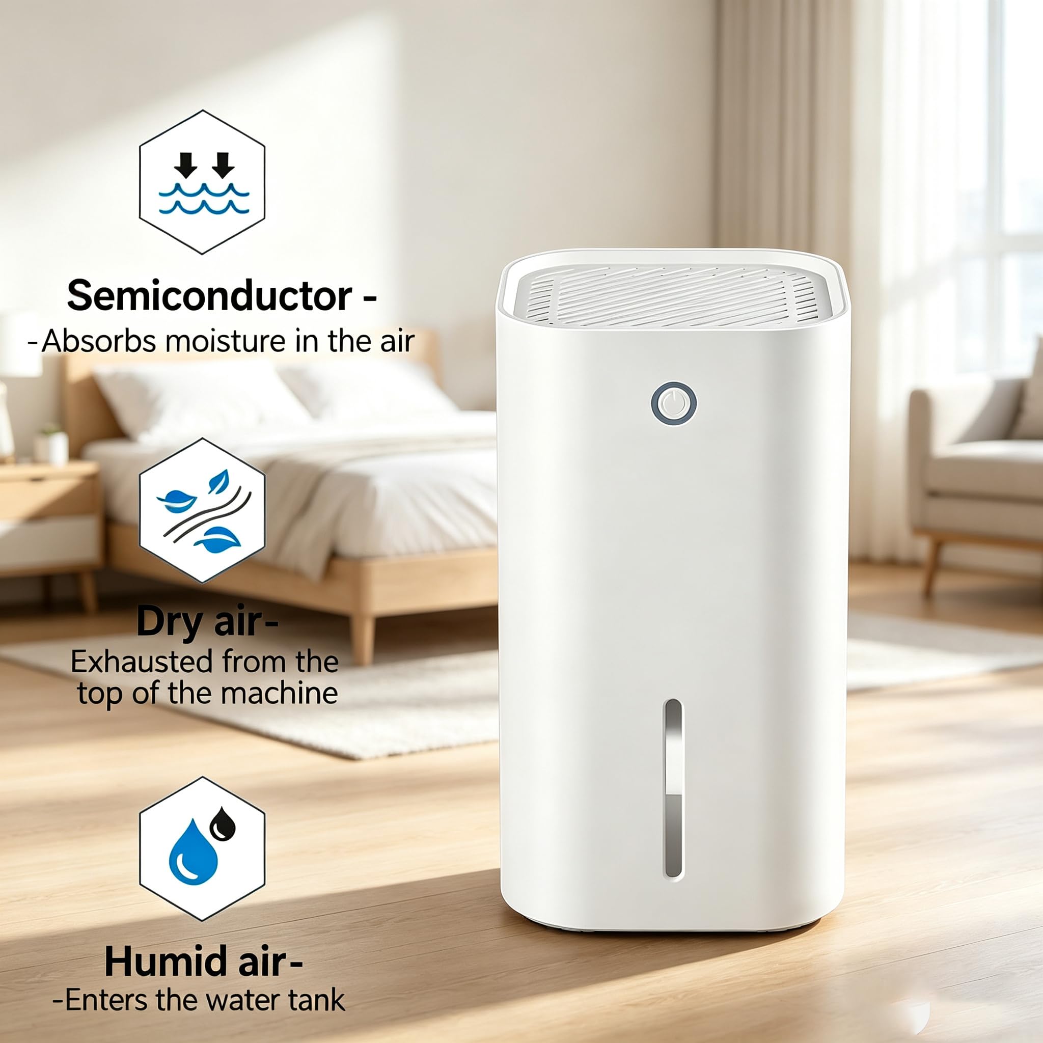 Mini deumidificatore da 850 ml, 22 W a basso consumo energetico, semiconduttore quotidiano, luce notturna integrata, spegnimento automatico, < 36 dB silenzioso, ideale per camera da letto e guardaroba
