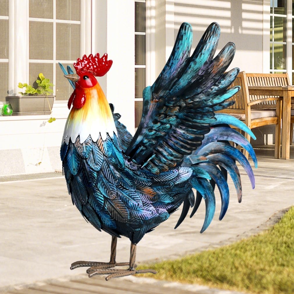Handmade Multicolor Metal Rooster Garden Statue