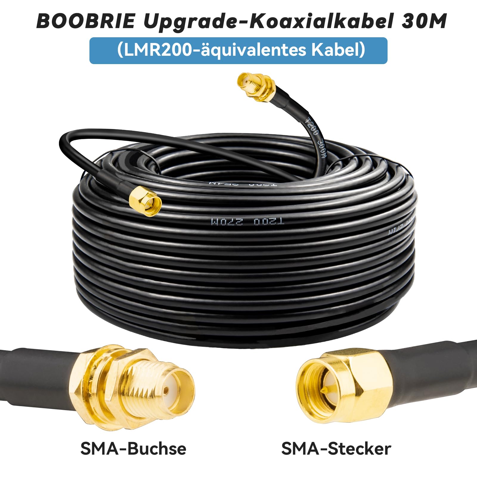 LMR200-Äquivalent 30M SMA Stecker zu SMA Buchse Verlängerungskabel 50ohms Low-Loss WLAN-Antennenverlängerungskabel RF Koaxialkabel für Außenantenne 5G LTE Router Amateurfunk Industrieanlagen