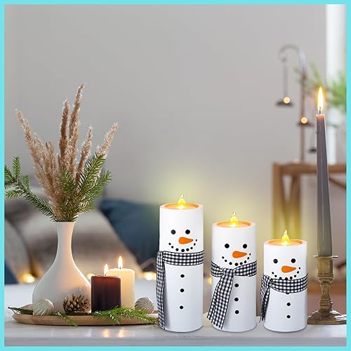 Miniatura 4 de MTLEE 3 portavelas de madera de muñeco de nieve de invierno con pilas LED, luces de té de muñeco de nieve de Navidad, centros de mesa de velas de