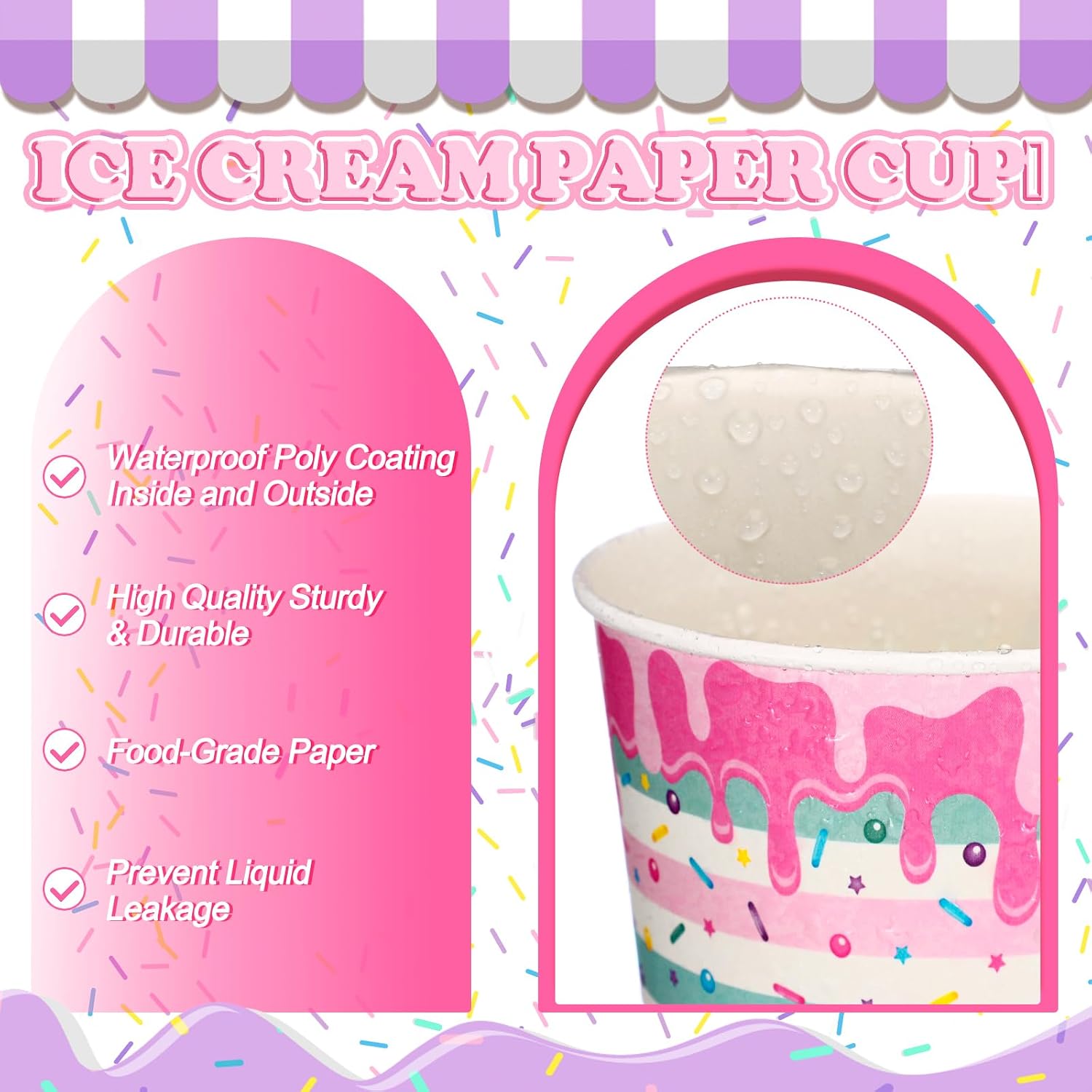 Domensi 100 Pcs 12 oz Ice Cream Cups Bowls Disposable Summer Party Paper Food Containers for Sundae Treat Snack Dessert Frozen Yogurt Summer Holiday Birthday Party Supplies(Ice Cream)