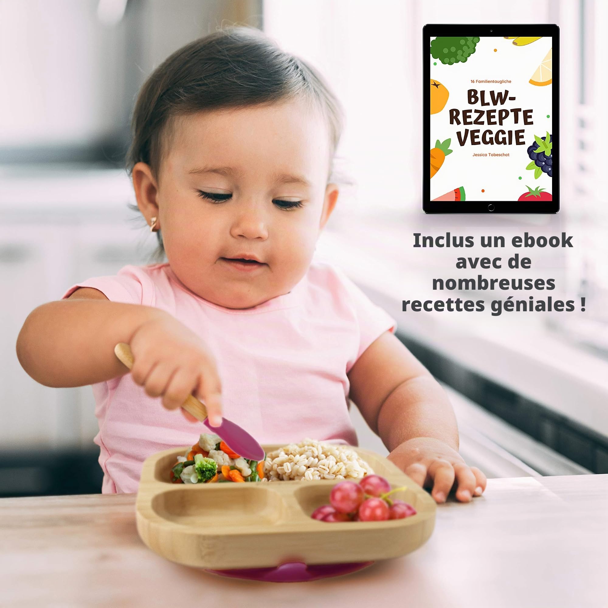 Assiette enfant avec ventouse cerise I Livre de recettes (français non garanti) I Assiette bébé antidérapante en bambou avec cuillère I Set de vaisselle pour apprendre à manger I Sans