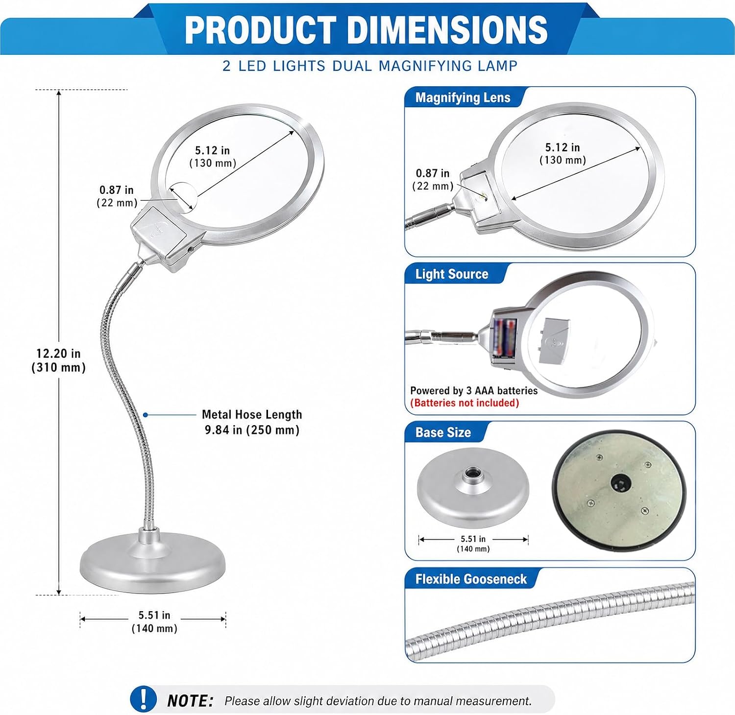 Adjustable Gooseneck Magnifying Lamp with Dual Lens (2X & 5X) LED Light Table Magnifier for Hobbyists Readers, Crafters and Beekeepers