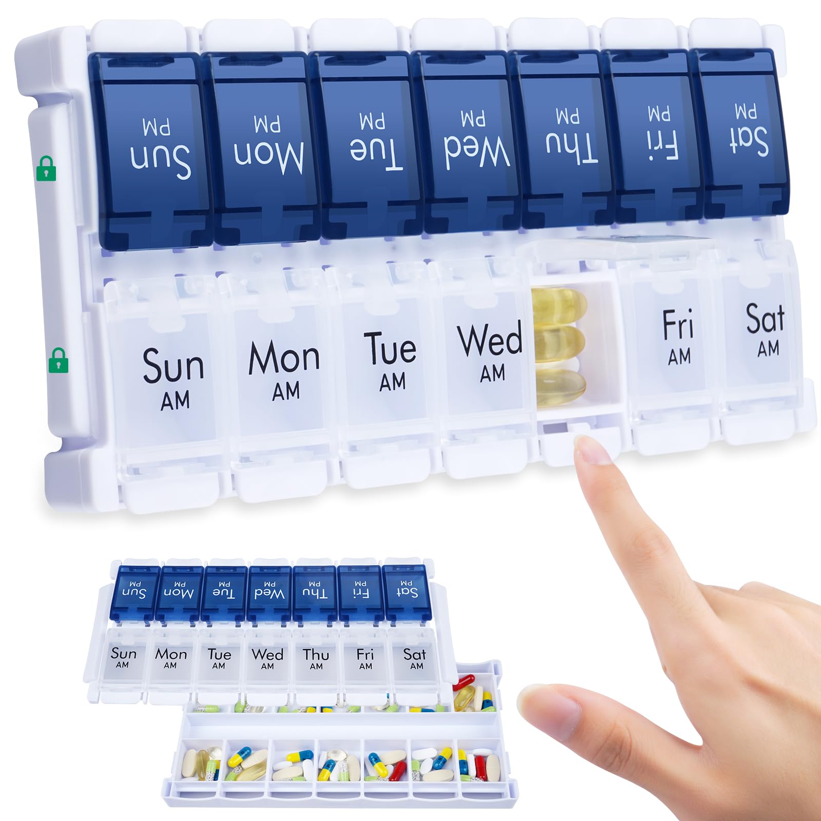 Weekly Pill Organiser 2 Times a Day, Easy Fill Large Pill Box 7 Day, Am Pm Medicine Organiser, Push Button Daily Pill Case for Vitamin, Fish Oil, Supplements
