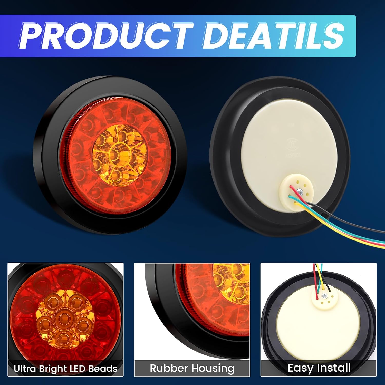 Trailer Light Kit, LED Trailer Light Kit Round 16LED Trailer Tail Lights with Rubber Ring Stop Brake Tail Running Reverse Lamps for Trailer Trucks (4pcs, Red and Yellow)