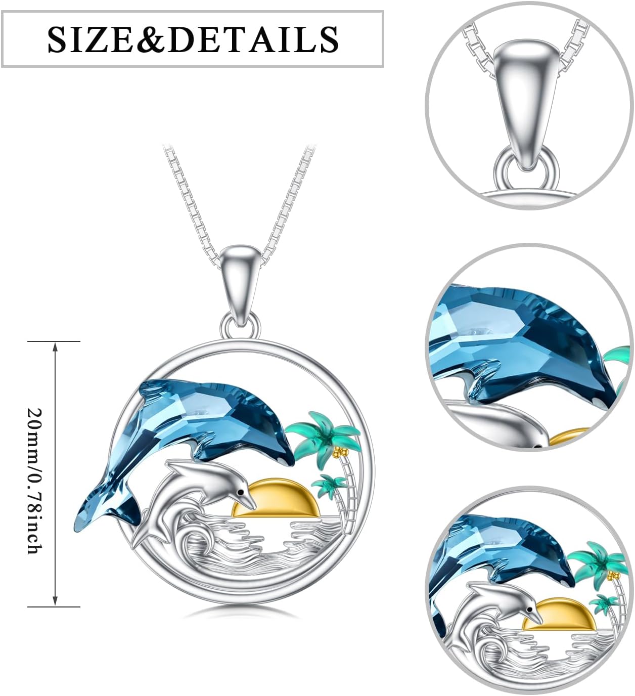 Dorunmo Dolphin Gifts for Women 925 Sterling Silver Dolphin Palm Tree Necklace Pendant with Blue Crystal Hawaiian Beach Themes Ocean Wave Sunset Jewelry Gifts for Women Mom - Image 2