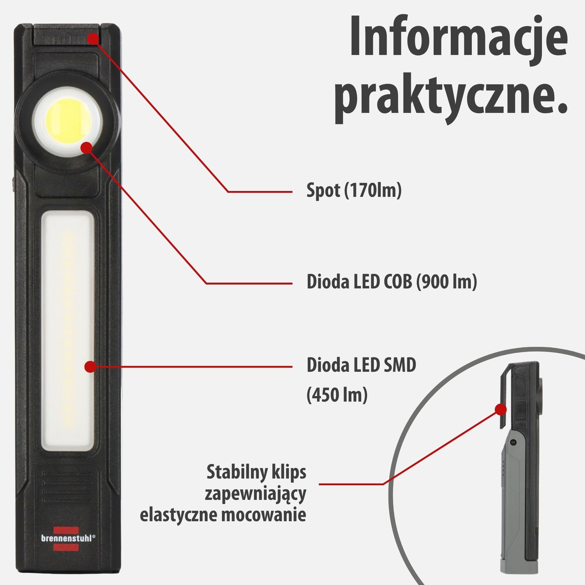 Brennenstuhl Latarka LED akumulatorowa HL 900 A/Lampa robocza z magnesem (3 źródła światła: Spot, COB, SMD, 900lm, stopień ochrony IP54, do 40h pracy, wymienny akumulator, uchwyt 130°, 6500K)