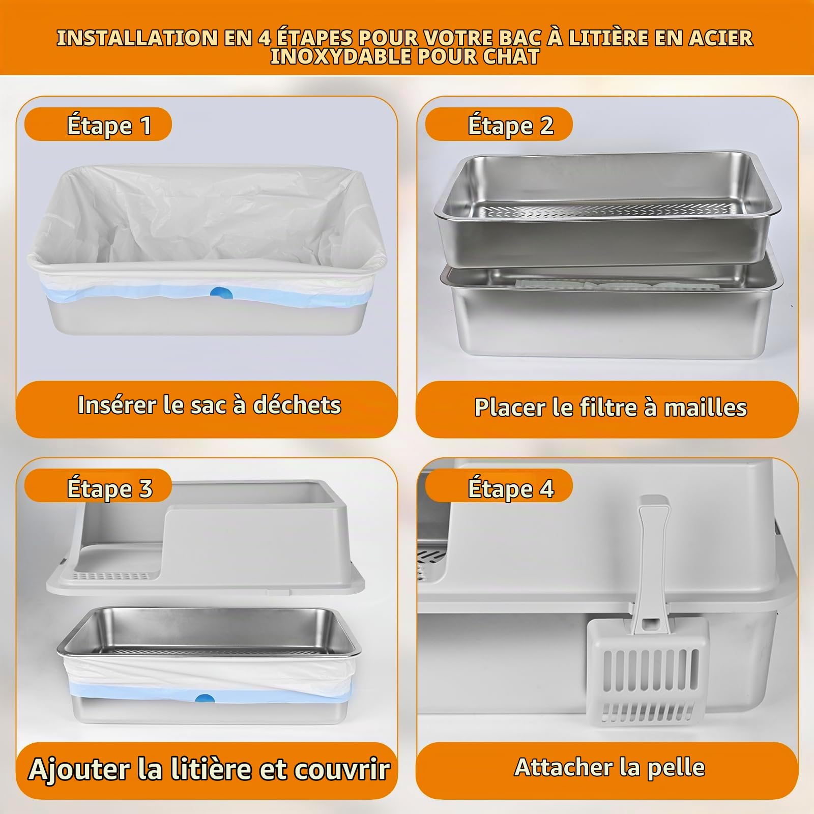 Homegroove Litière pour chat en acier inoxydable pour granulés de pin - 60 x 40 x 15 cm - Bord haut - Litière en métal avec couvercle - Pelle en plastique et 10 tampons d'urine (15,2 cm)