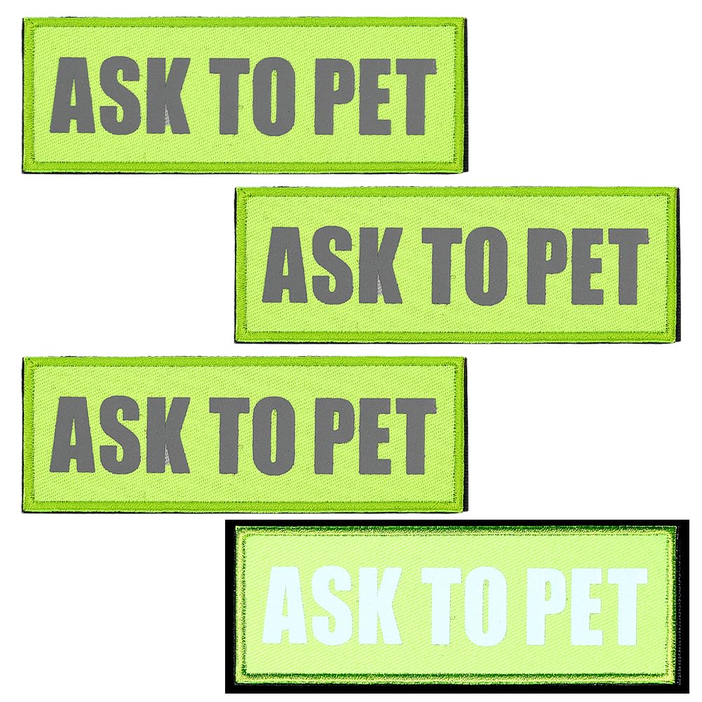 FINGERINSPIRE 4PCS Reflective Dog Patches for Vests 112x42mm Service Dog Hook & Loop Tags Polyester Rectangle Green Yellow Ask to Pet Dog Applique Patch for Safety Visibility at Night
