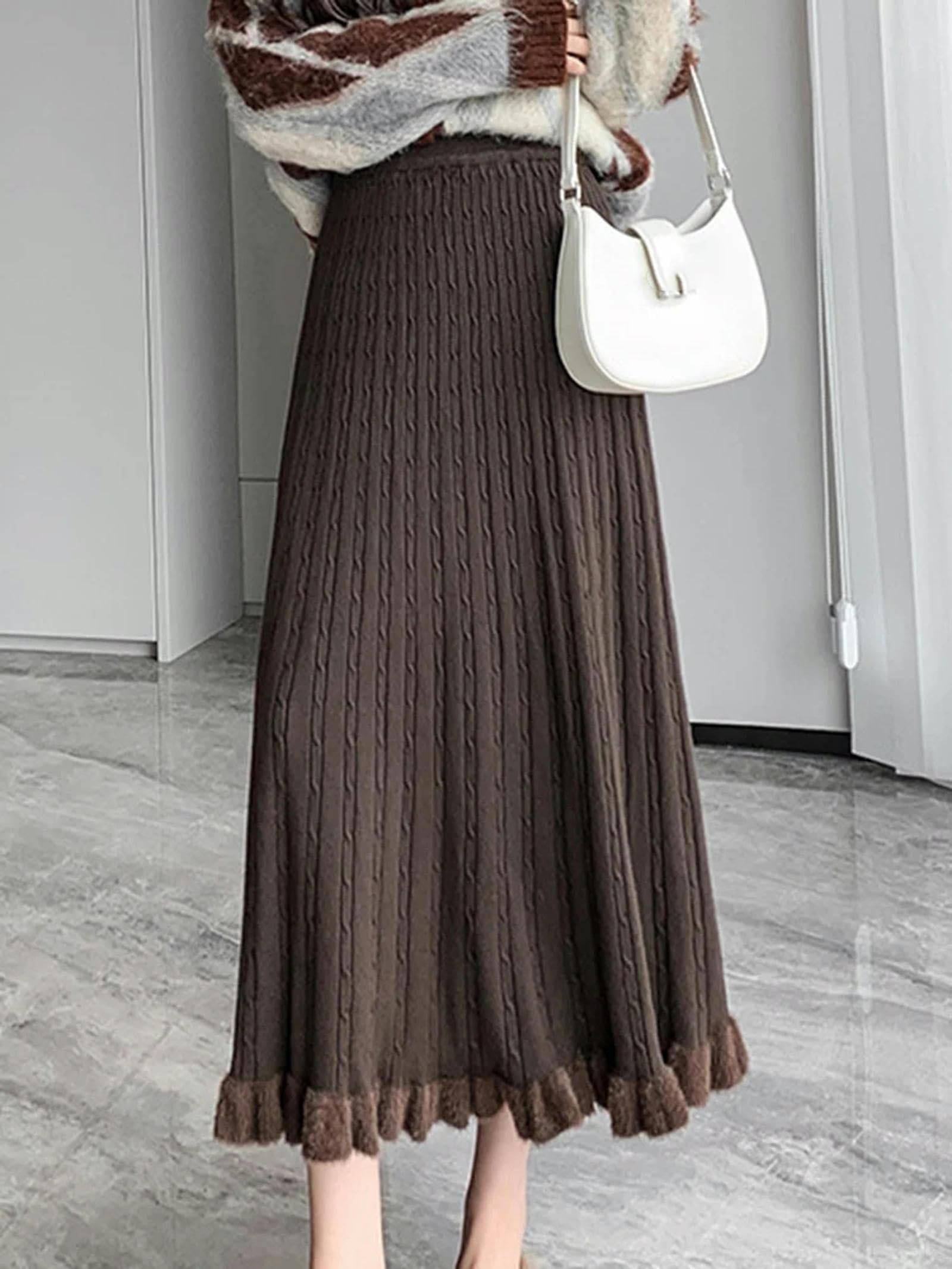 MdybF Czarna spódnica dzianinowa długa spódnica damska zimowa ciepła spódnica midi elegancka na co dzień moda wysoka talia spódnica o linii A