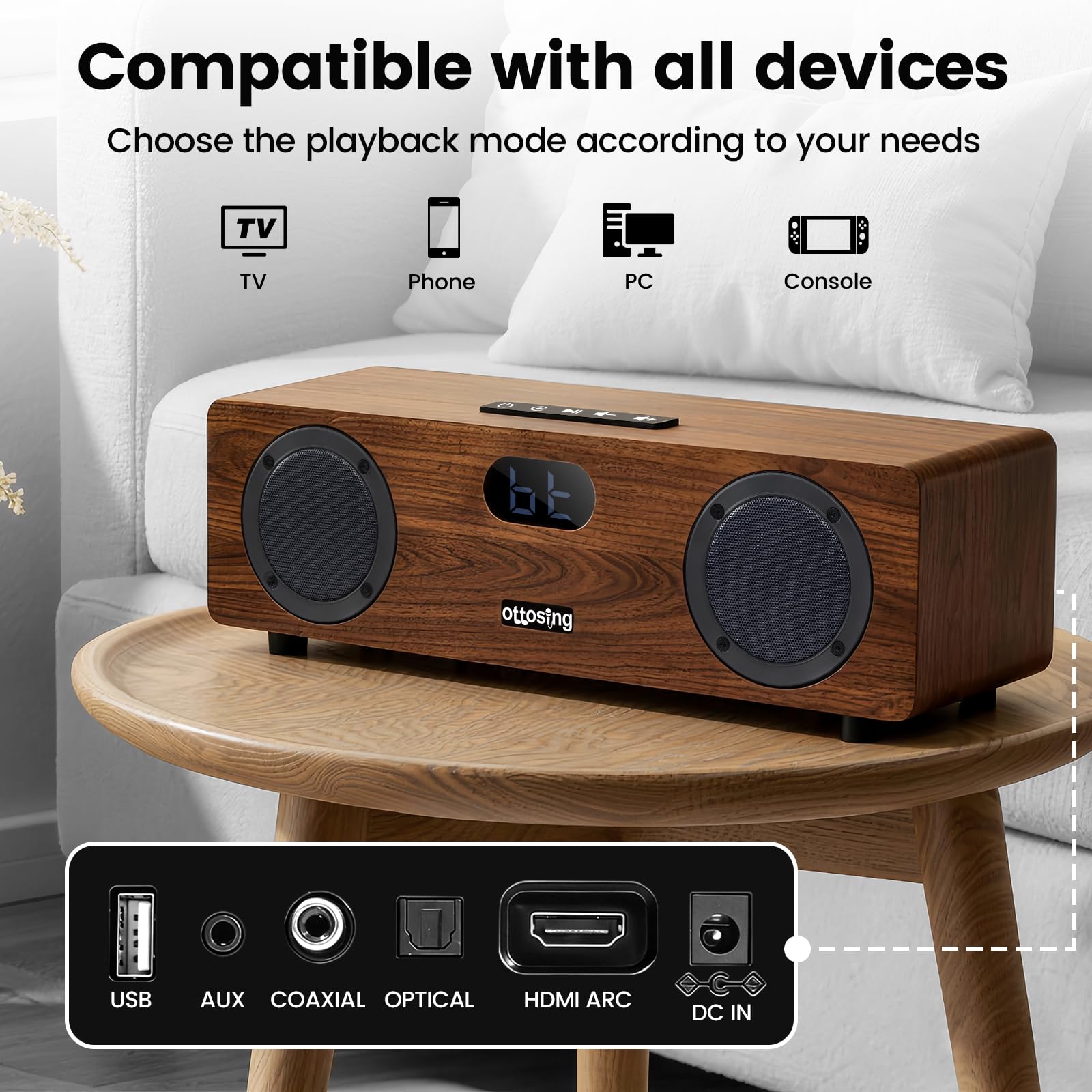 Altoparlante Bluetooth 5.0 a 2.1 canali, doppio suono potente da 15 W + subwoofer da 30 W, ottico/coassiale/HDMI ARC/AUX/USB, DSP Tuning sistema audio in legno per TV/feste/karaoke (CT-400-21
