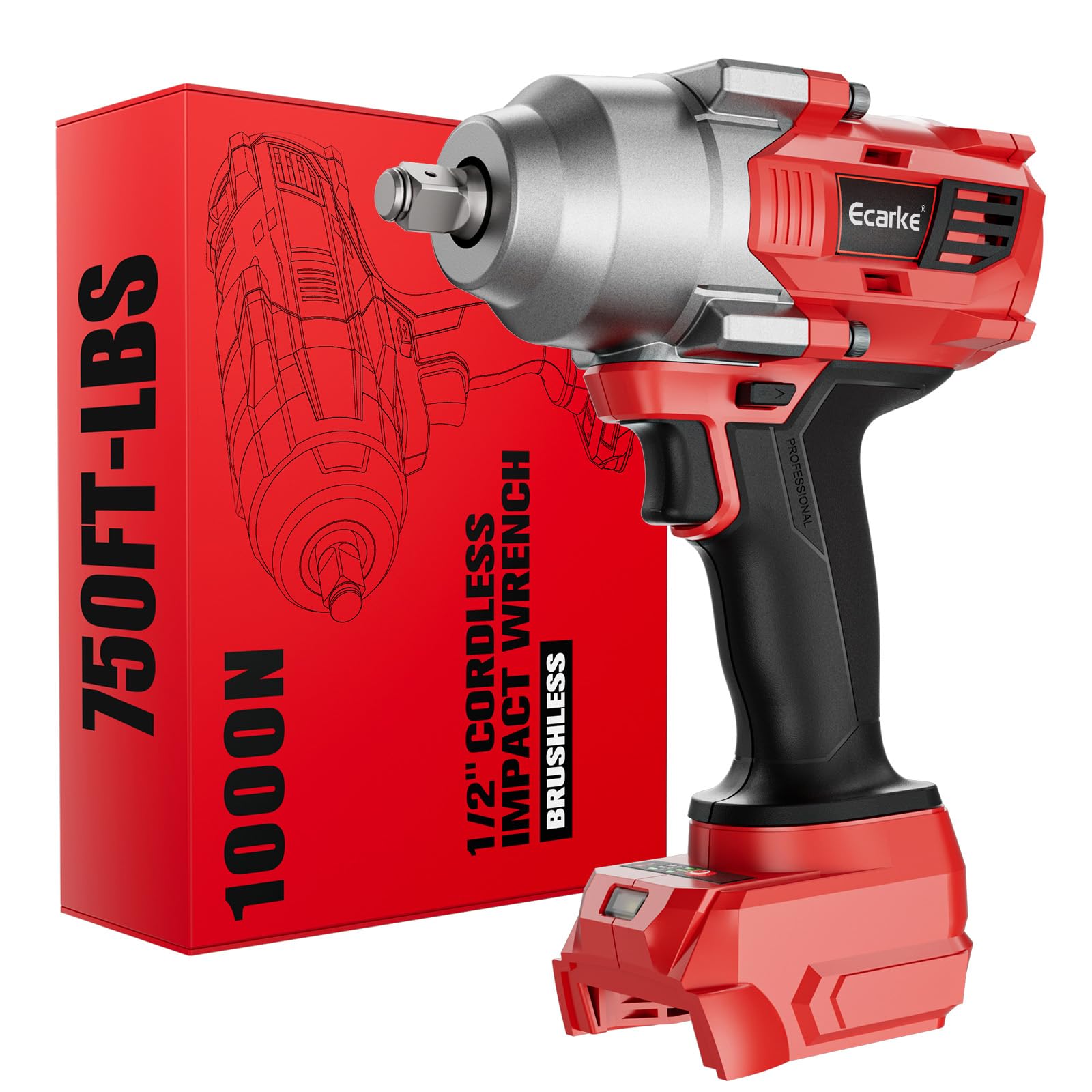 Ecarke Cordless Impact Wrench 1000N·m(750ft-lbs), 1/2 Inch Electric Impact Driver Compatible with Mil-Waukee 18V Battery, LED Light, 3 Mode Speed for Car/Truck RV/Home DIY Projects(Tool Only)-RED