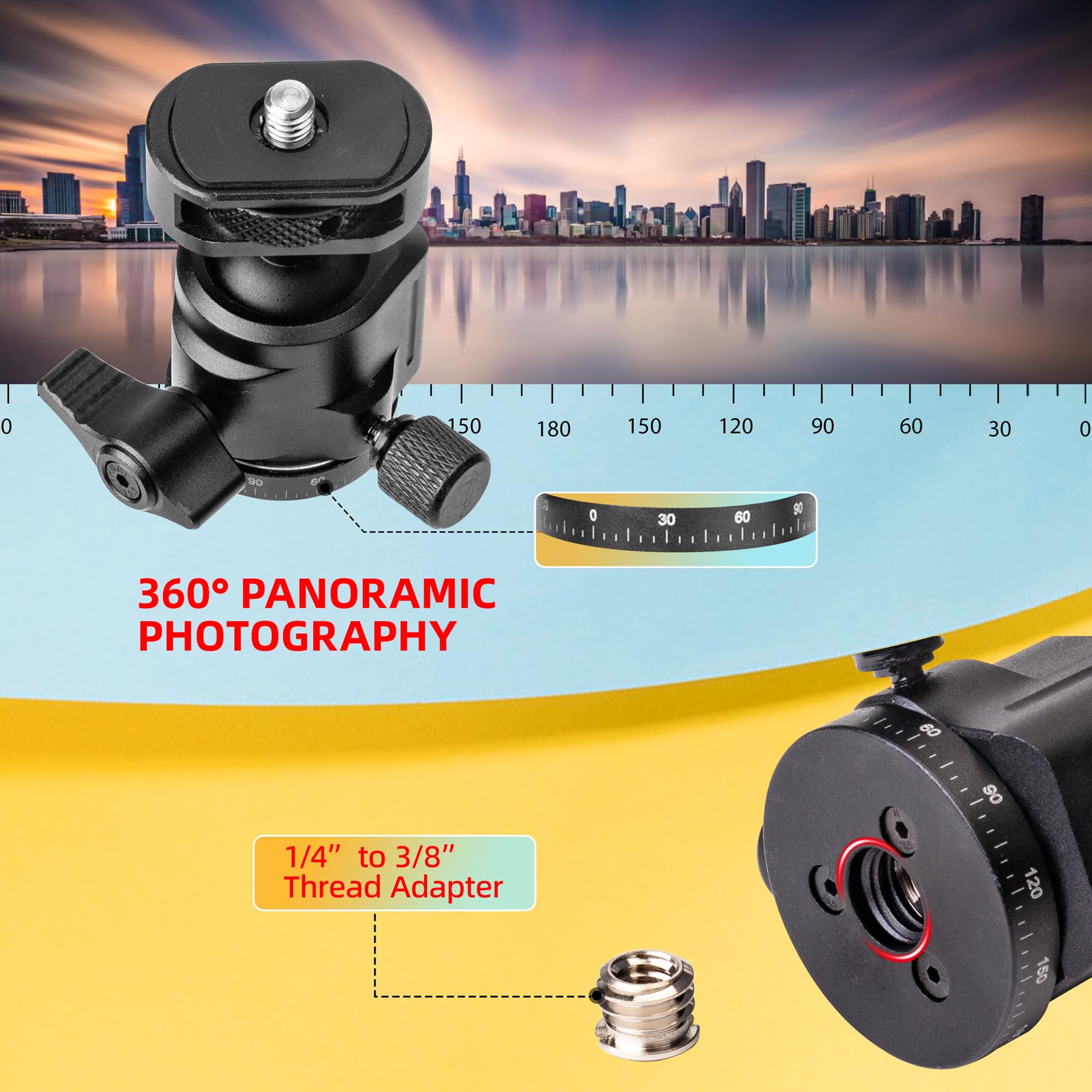 Zeadio Mini Metallo Testa a Sfera, Testa a Sfera Panoramica a 360° con Slitta Cold Shoe e Vite da 1/4", Testa Compatta per Treppiede per Fotocamera, Monopiede, Treppiede, Vlogging, Live Streaming ecc