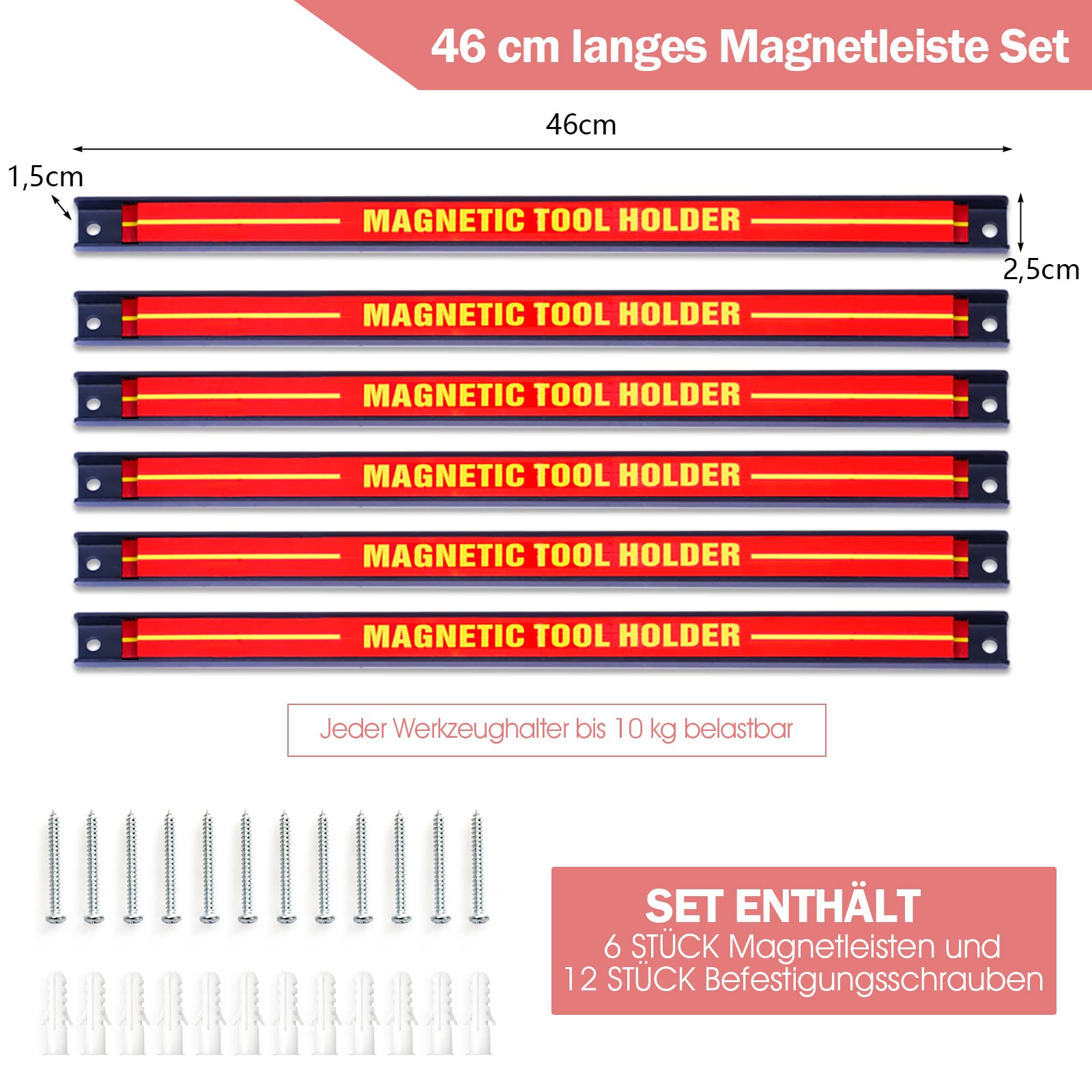 GYMAX Magnetschiene Werkzeug Set 46 cm 10 kg belastbar Magnethalter Werkzeug Organizer Wand Rot