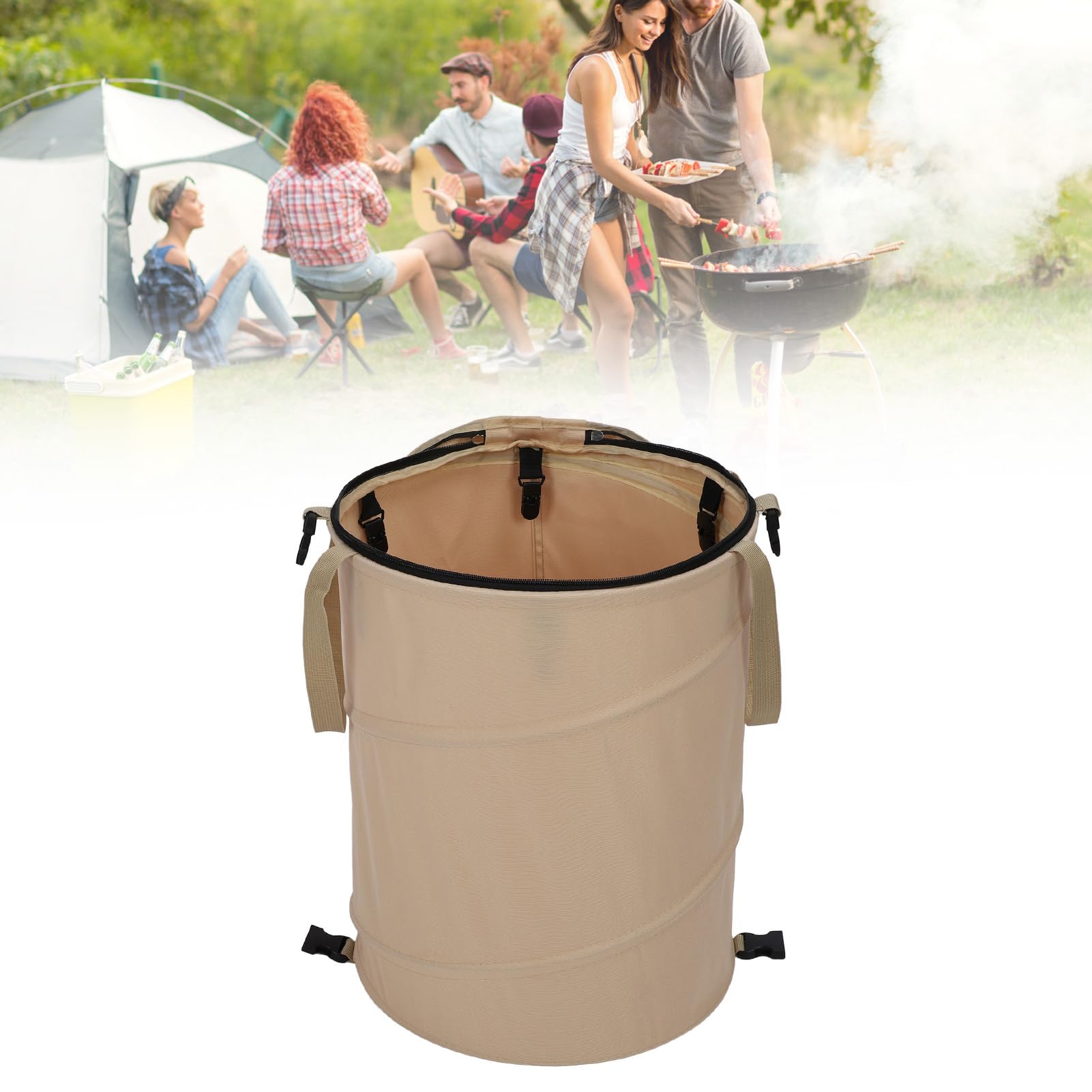 Pattumiera da Esterno Robusto Coperchio Riutilizzabile con Cerniera Contenitore per Rifiuti da Giardino Pieghevole di Grande capacità per il Campeggio (Colore del caffè)
