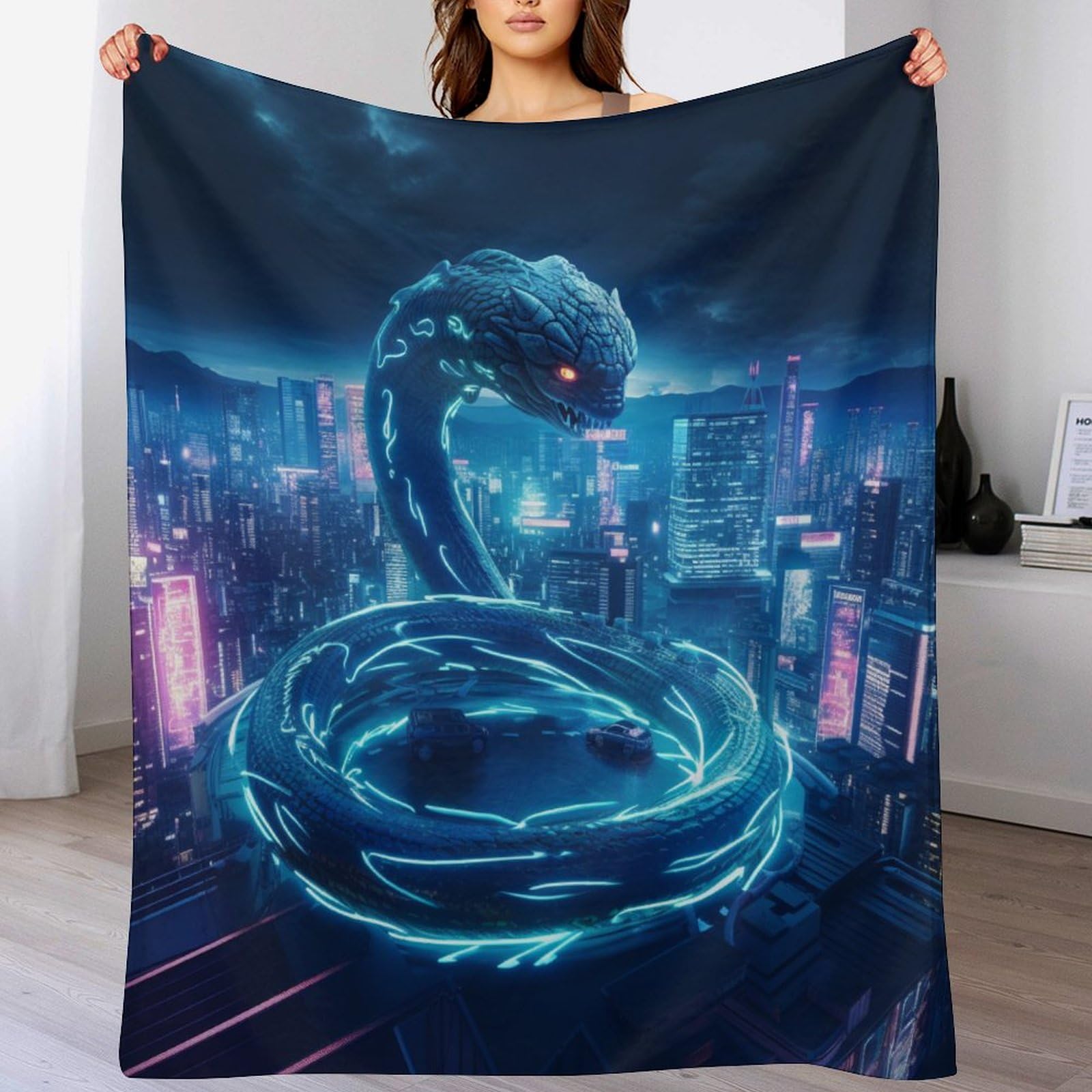 Manta de franela de serpiente neón con acabado grueso y relieve visual 3D
