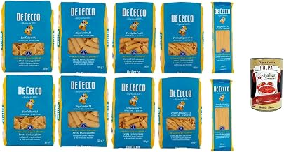 De Cecco Italian Pasta Assorted Pack (10 x 500 g): Farfalle No. 93, Rigatoni n°24, Tortiglioni n°23, Penne Rigate n°41, Spaghetti n°12 - Slow Drying - Total 5 kg + Italian Gourmet Polpa 400 g