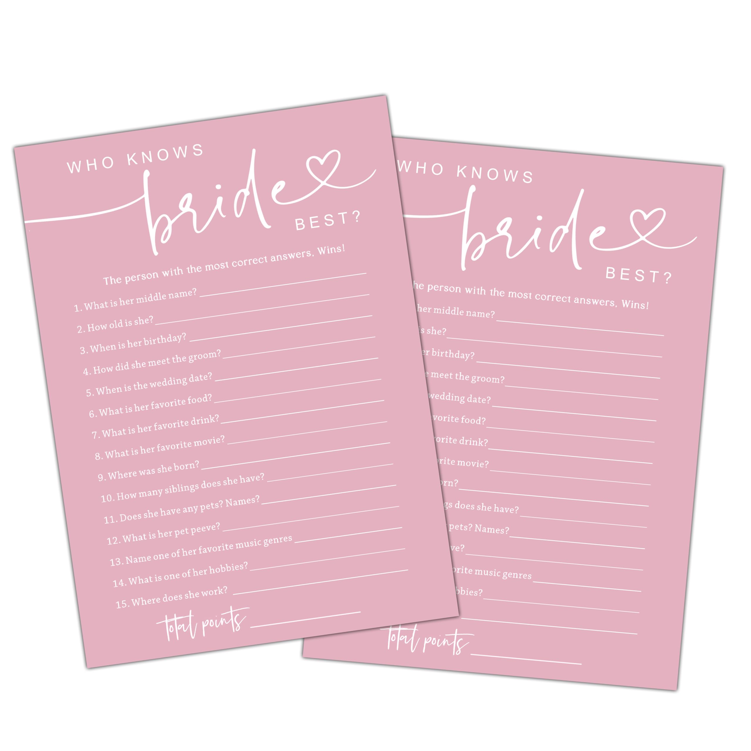 Beshoul Minimalist Bridal Shower Games, Who Knows The Bride Best, 25 Wedding Party Games, Pink Bridal Shower Games for New Couples Party - B03