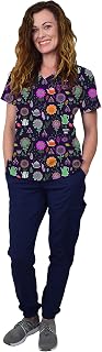 Womens Medical Nursing Scrub Set GT 4FLEX Print Top and Jogger Pant-Rustic Flowers/Navy Pant-Large, Rustic Flowers/Navy Pant, Large