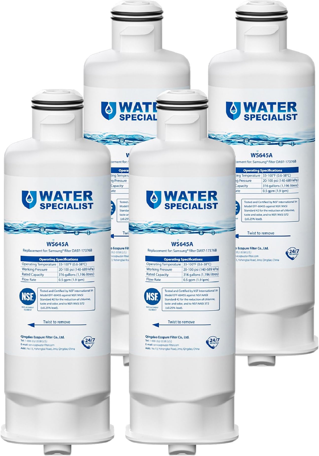 Waterspecialist DA97-17376B Replacement for Samsung® HAF-QIN/EXP, HAF-QIN, DA97-08006C, RF28R7351SG, RF23M8070SR, RF23M8070SG, RF23M8090SG, RF28R7201SR, Refrigerator Water Filter (Pack of 4)