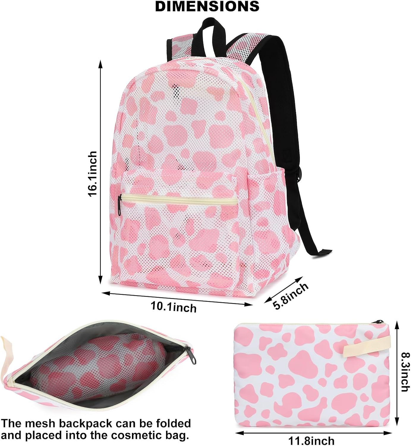 Cow Print Mesh Backpack for Girls, kids Women School Backpacks Semi-Transparent Bookbag See Through Beach Bag Daypack (Pink) - Image 3