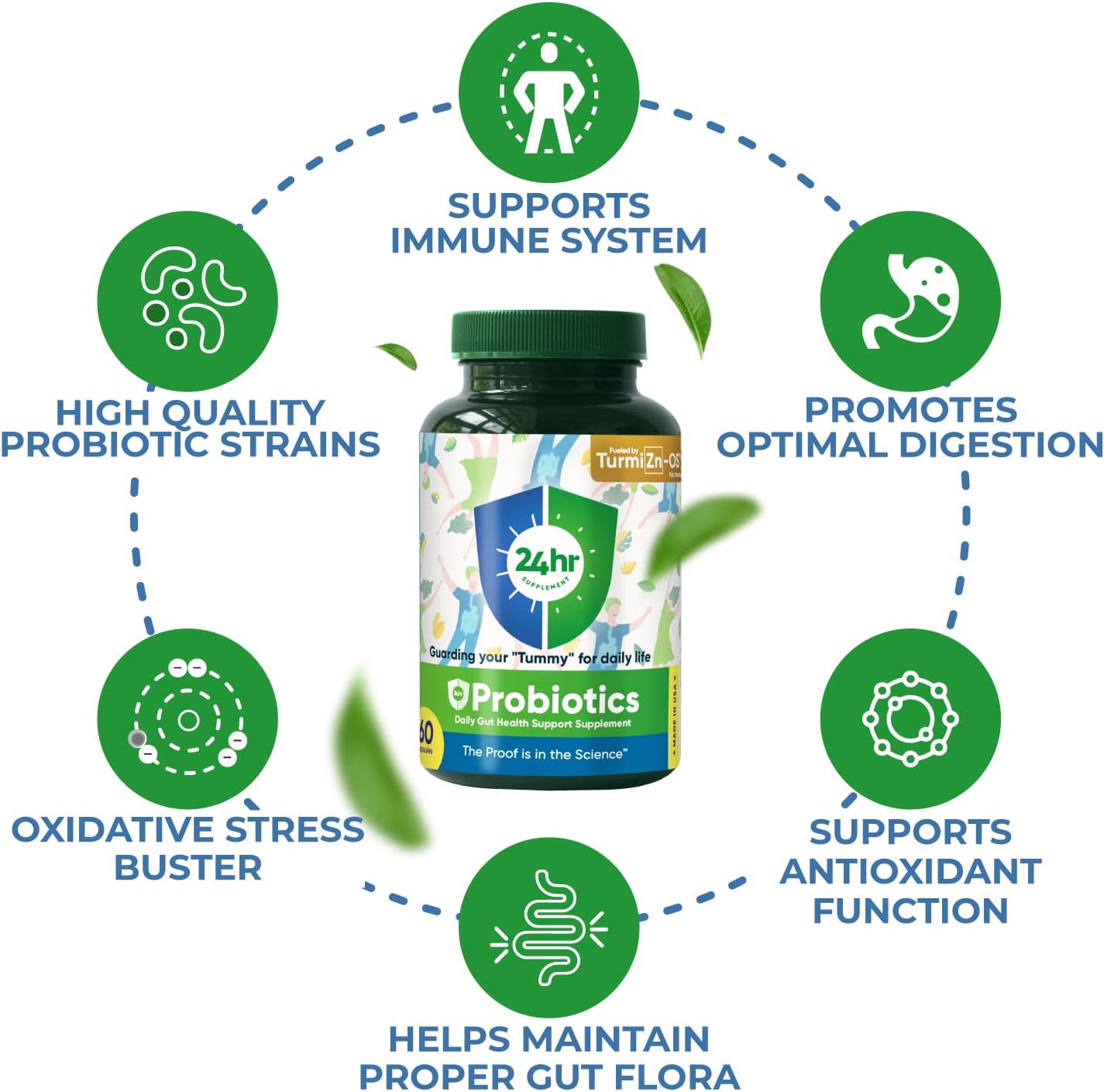 24hr Supplement Probiotics for Men & Women, Prebiotic + Acidophilus Probiotic | Daily Gut Support | Digestive Health | TurmiZn-OS Benefit | Dairy, Gluten & Soy Friendly | Made in USA - 90 Capsules